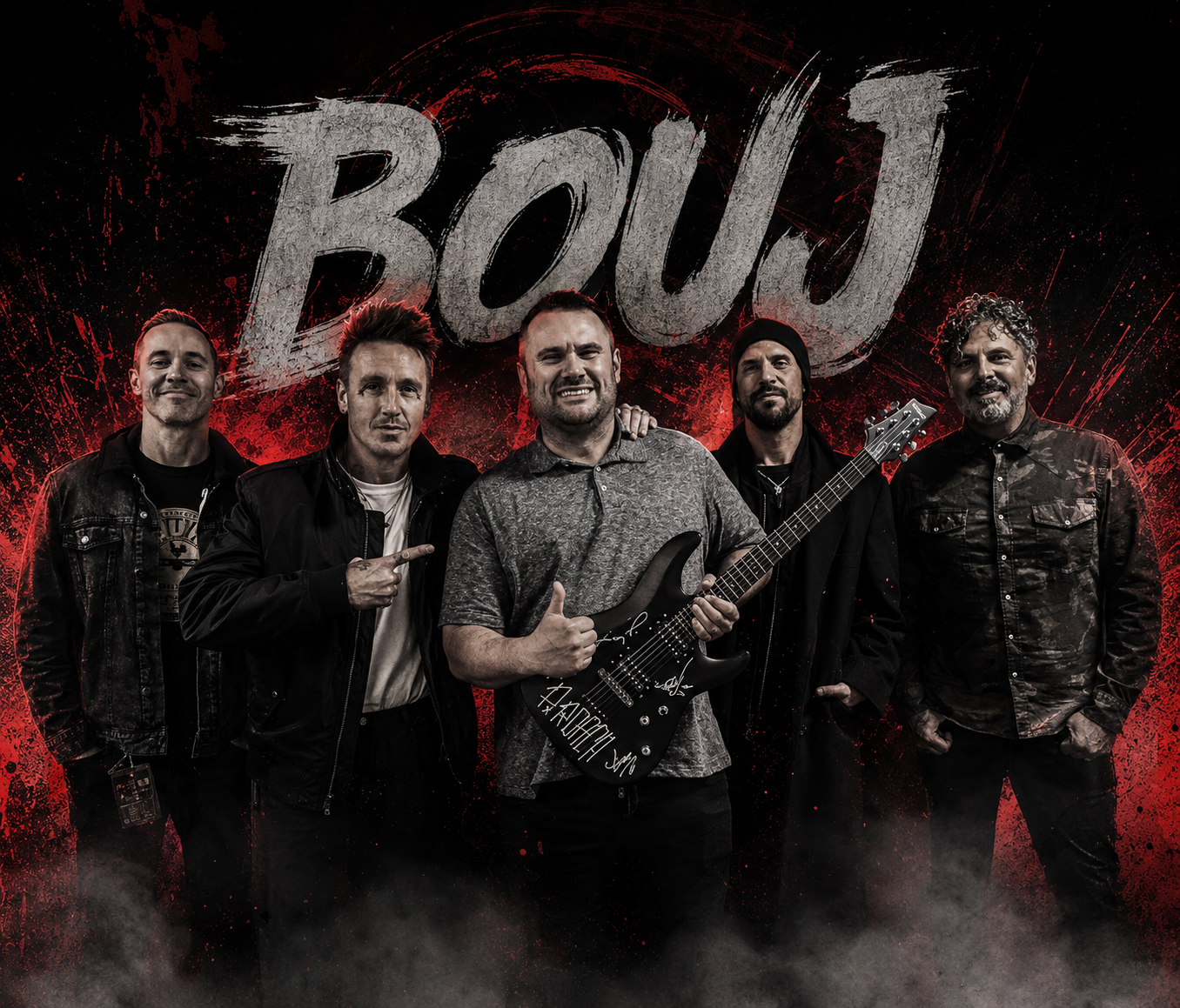 BOUJ press photo with band, signed guitar, BOUJ logo behind